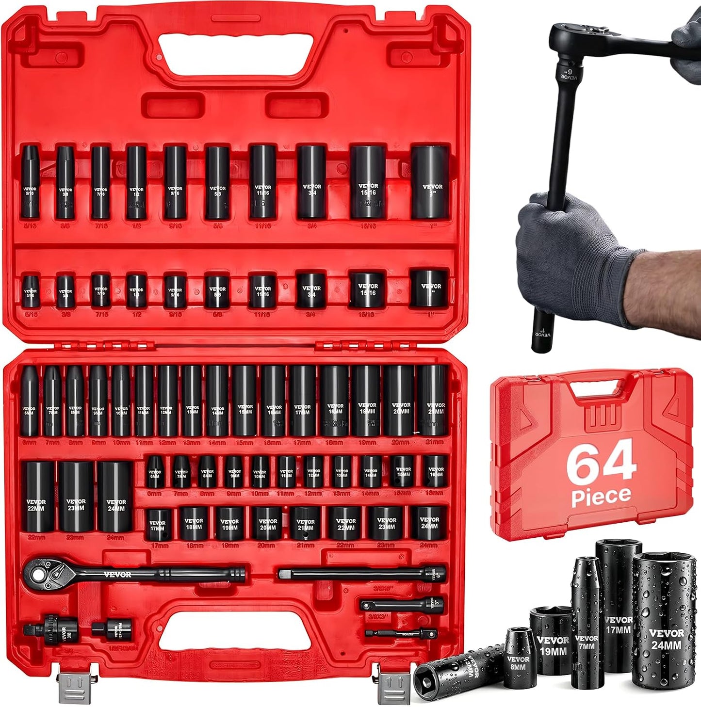 1/2" Drive Impact Socket Set 65 Piece, 3/8" to 1-1/4" and 10-24mm