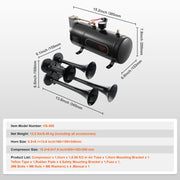 Load image into Gallery viewer, SucceBuy Train Horns Kit 4 Trumpet Air Horn Kit 150dB Train Horns 12V Air Compressor with 3/6/10L Tank, for Pickup Trucks Train