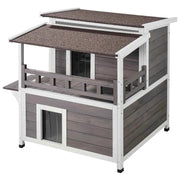 Load image into Gallery viewer, Amocart Outdoor Cat House Weatherproof Feral Cat Shelter 2-story Large Outdoor Wooden Cat House with Balcony Door and Open Roof