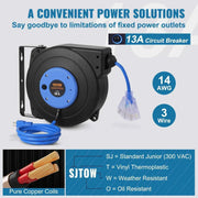 Load image into Gallery viewer, Amocart Retractable Extension Cord Reel 50FT Lighted Triple Tap Outlet 13Amp Circuit Breaker 180° Swivel Bracket Electrical Use