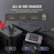 Load image into Gallery viewer, Amocart Smart Battery Charger 20-Amp Lithium LiFePO4 Lead-Acid (AGM/Gel/SLA) LCD Display Trickle Charger, Boat Motorcycle Use