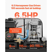 Bild in Galerie-Viewer laden, Amocart 9 Gallon Twin-Tank Gas Powered Air Compressor 6.5 HP 9 CFM Gas Driven Air Compressor Tank on Wheel for Tire Inflation
