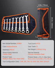 Load image into Gallery viewer, SucceBuy Flex-Head Ratcheting Wrench Set 8PCs Combination Wrench Set Roll-up Pouch Cr-V Steel Flexible Ratcheting Wrench Set - AMOCART