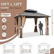Charger l'image dans la visionneuse de galerie, Tonnelle à toit rigide 10x12 avec cadre en aluminium, double toit, moustiquaires et rideaux, pour patio, jardin, terrasse, pelouse, bord de piscine, personnalisable