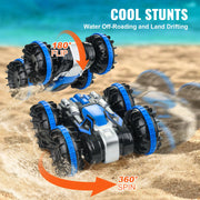 Load image into Gallery viewer, Amocart Blue/Yellow Amphibious RC Car Boat 2.4GHz 12 km/h Electric Remote Control 360° Rotating Stunt Car Water Beach Pool Toys