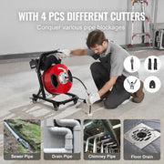 Load image into Gallery viewer, Amocart 50FT Drain Cleaner Machine Manual Feed Sewer Snake Auger with Wheels 4 Cutters & Air-activated Foot Switch for Homeuse
