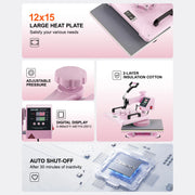 Load image into Gallery viewer, SucceBuy Heat Press Machine 12x15inch 8in 1 Heat Transfer Machine 360° Swing Away T-Shirt for T-Shirts/Mugs/Hats/Plates Pink