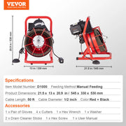 Bild in Galerie-Viewer laden, Amocart Drain Cleaner Machine 75FT/50FT Sewer Snake Auger Manual 1/2 Inch Electric Drain Cleaning Machine w/ 4 Cutters for Home