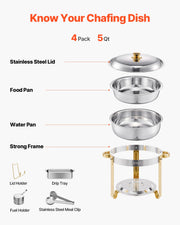 Load image into Gallery viewer, SucceBuy 4 Pack Chafing Dish Buffet Set Stainless Steel Chafer w/4 Full Size Pan Round Catering Warmer Server for Party Banquets