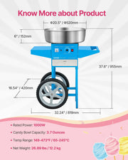 Load image into Gallery viewer, SucceBuy Electric Cotton Candy Machine with Cart Commercial Candy Floss Maker with 20.5 in Stainless Steel Bowl, Sugar Scoop