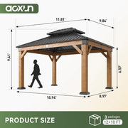 Charger l'image dans la visionneuse de galerie, Gazebo de jardin en bois à toit rigide permanent, en acier galvanisé, double toit, pour terrasse, en cèdre naturel, sur mesure