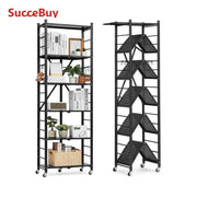 Load image into Gallery viewer, SucceBuy 6/5/4/3 Tier Black Foldable Storage Shelf with Wheels Folding Metal Rack Shelving Unit Organizer for Garage Kitchen