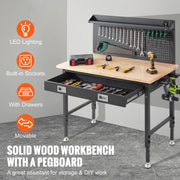 Bild in Galerie-Viewer laden, SucceBuy 2000lbs 48"x24" Workbench Adjustable Height 28"-39.5" Work Bench with 3m Cable 30 Hooks for Garage Hardwood Working