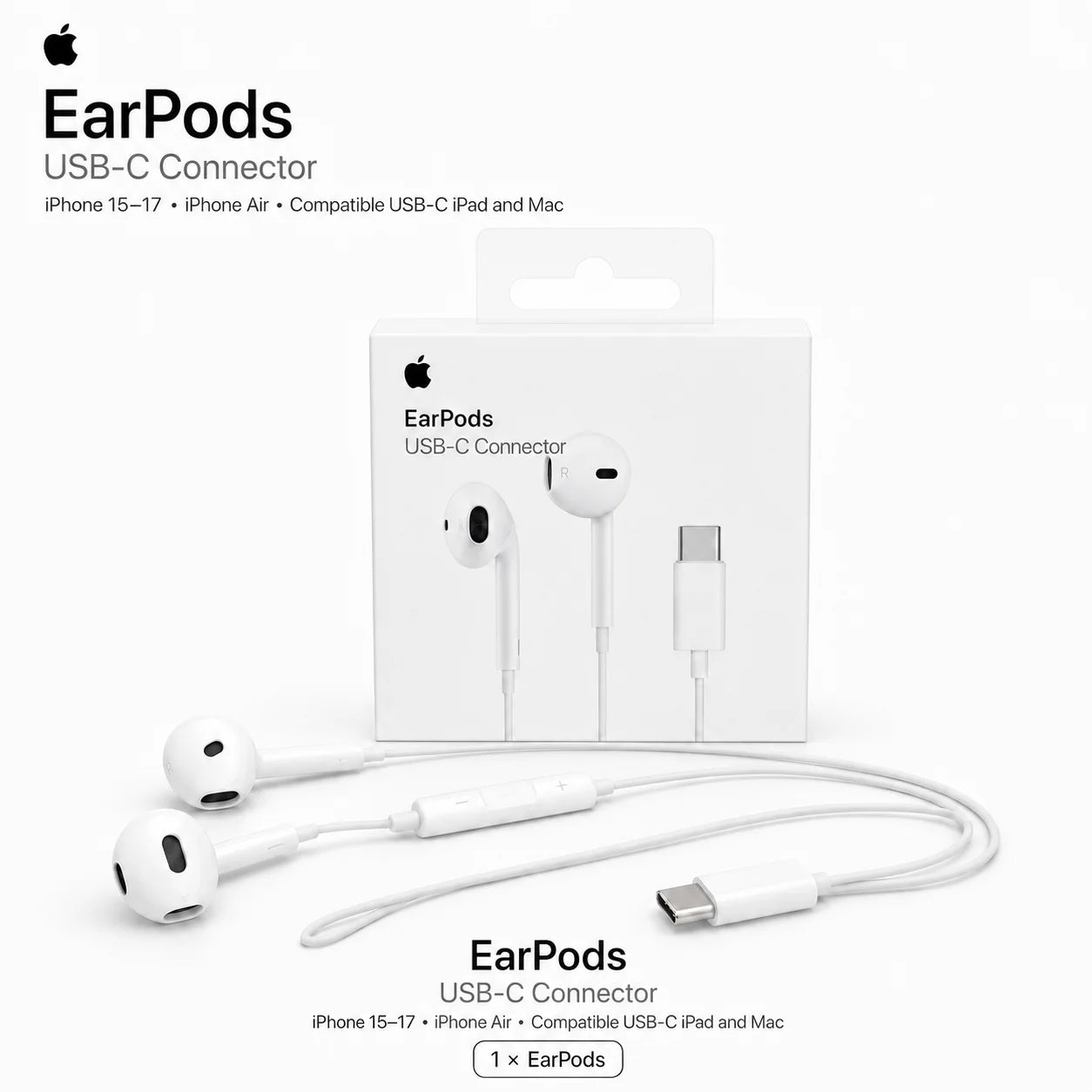 Official Apple EarPods Wired Earphones 3.5mm Lightning USB-C Connector with Mic Volume Control for iPhone iPad Mac