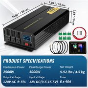 Load image into Gallery viewer, SucceBuy Pure Sine Wave Power Inverter 2500W/3500W/5000W 12V DC to 120V AC Aluminum Alloy LCD Screen & LED Indicators Power Use