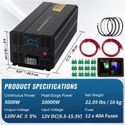 Load image into Gallery viewer, SucceBuy Pure Sine Wave Power Inverter 2500W/3500W/5000W 12V DC to 120V AC Aluminum Alloy LCD Screen & LED Indicators Power Use