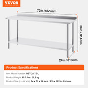 Load image into Gallery viewer, Amocart 24 x 72 x 36 Inch Stainless Steel Work Table Commercial Food Prep Worktable Heavy Duty Prep Worktable Metal Work Table