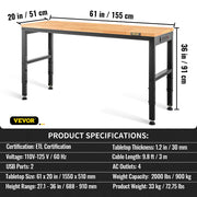 Load image into Gallery viewer, SucceBuy Heavy-Duty Workbench 72cm Adjustable Height Oak Wood Hardwood Top Table 900KG Load Capacity for Office Home Workshop - AMOCART