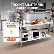 Load image into Gallery viewer, SucceBuy 24 x 72 x 36 Inch Stainless Steel Work Table Commercial Food Prep Worktable Heavy Duty Prep Worktable Metal Work Table