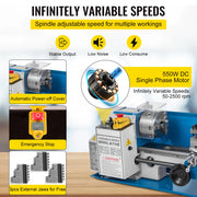 Bild in Galerie-Viewer laden, Amocart Mini Metal Lathe Machine 7"x14" 550W 180x350mm Variable Speed + 3 Jaw Chuck for Metalworking Turning Drilling Threading