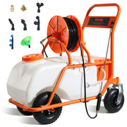 Load image into Gallery viewer, SucceBuy Battery Powered 15 Gal Garden Weed Sprayer with Wheeled Cart 126FT Hose with Reel 8 Nozzles 2 Wands with Lock for Crop