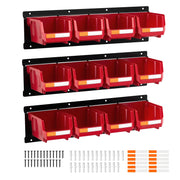 Bild in Galerie-Viewer laden, Amocart Wall Mounted Storage Bins 12 Plastic Bins & 3 Metal Rails Hanging Stackable Garage Workshop Nails Tools Organizer Box