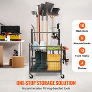 Bild in Galerie-Viewer laden, SucceBuy 16 Slots Garden Tool Organizer Yard Tool Tower Rack with Hooks Wheels Long-Handled Rake Stand Holder for Garage Storage