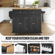 Load image into Gallery viewer, SucceBuy 43" Kitchen Island Cart Wood Top Mobile Carts with Storage Cabinet Rolling Table with Leaf Spice Rack Towel Bar Black - AMOCART