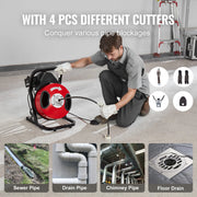 Load image into Gallery viewer, Amocart Drain Cleaner Machine 50FT 1/2 Inch Manual Feed Sewer Snake Auger with 4 Cutters & Air-activated Foot Switch for Pipes