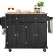 Load image into Gallery viewer, SucceBuy 43" Kitchen Island Cart Wood Top Mobile Carts with Storage Cabinet Rolling Table with Leaf Spice Rack Towel Bar Black - AMOCART