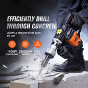 Bild in Galerie-Viewer laden, Amocart 1400W Demolition Jack Hammer Electric Jackhammer Heavy Duty 2900 BPM Concrete Breaker 2pcs Chisels Bits Chipping