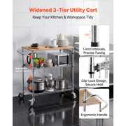 Load image into Gallery viewer, SucceBuy Kitchen Utility Cart 3 Tier Adjustable Wire Storage Rack with Wood Tabletop and Handle Bar 661 lbs Steel Work Table