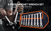 Load image into Gallery viewer, SucceBuy Flex-Head Ratcheting Wrench Set 8PCs Combination Wrench Set Roll-up Pouch Cr-V Steel Flexible Ratcheting Wrench Set