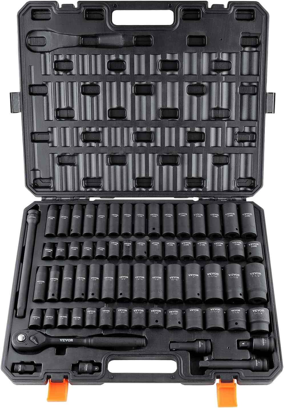 1/2" Drive Impact Socket Set 65 Piece, 3/8" to 1-1/4" and 10-24mm
