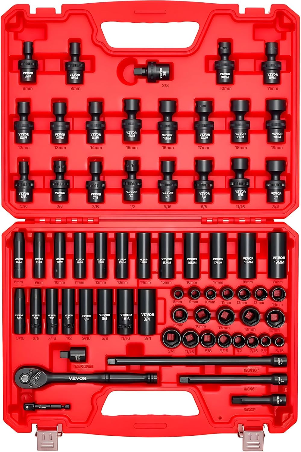 1/2" Drive Impact Socket Set 65 Piece, 3/8" to 1-1/4" and 10-24mm
