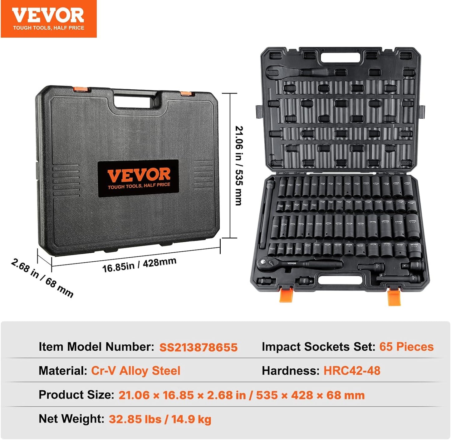 1/2" Drive Impact Socket Set 65 Piece, 3/8" to 1-1/4" and 10-24mm