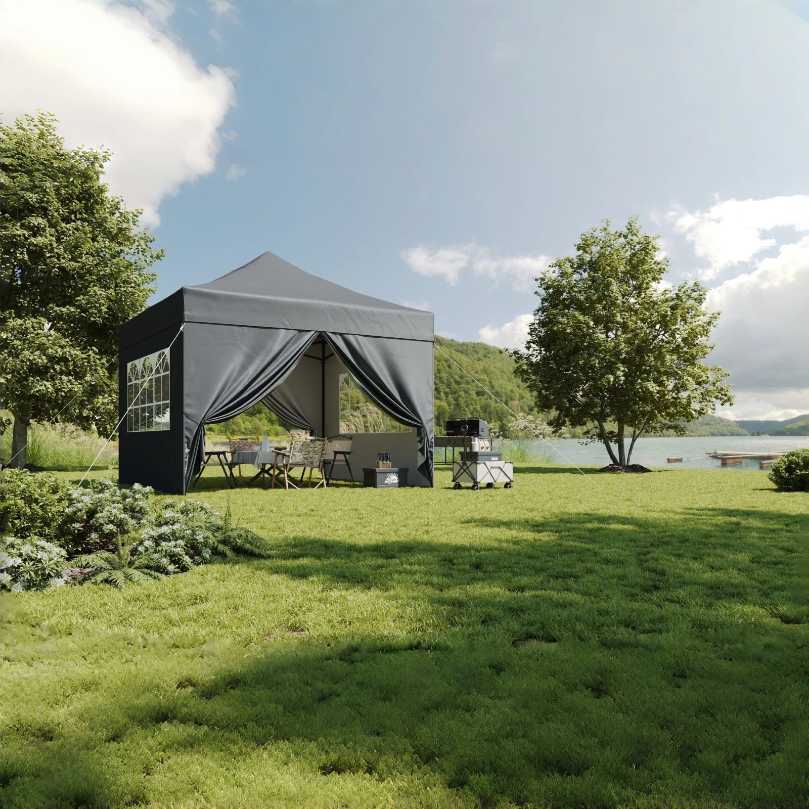 Aoxun 3 x 3m Pop-Up Gazebo Waterproof Heavy-Duty Canopy Tent with Sidewalls, UV Protection, Roller Bag, and Sandbags for Camping, Beach, Weddings, Parties, and Outdoor Shelter