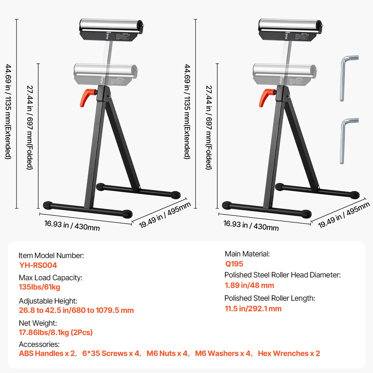 SucceBuy Roller Stand 135lbs/250lbs LBC Adjustable Height with 11.5in Polished Steel Roller Head Woodworking Extension Support