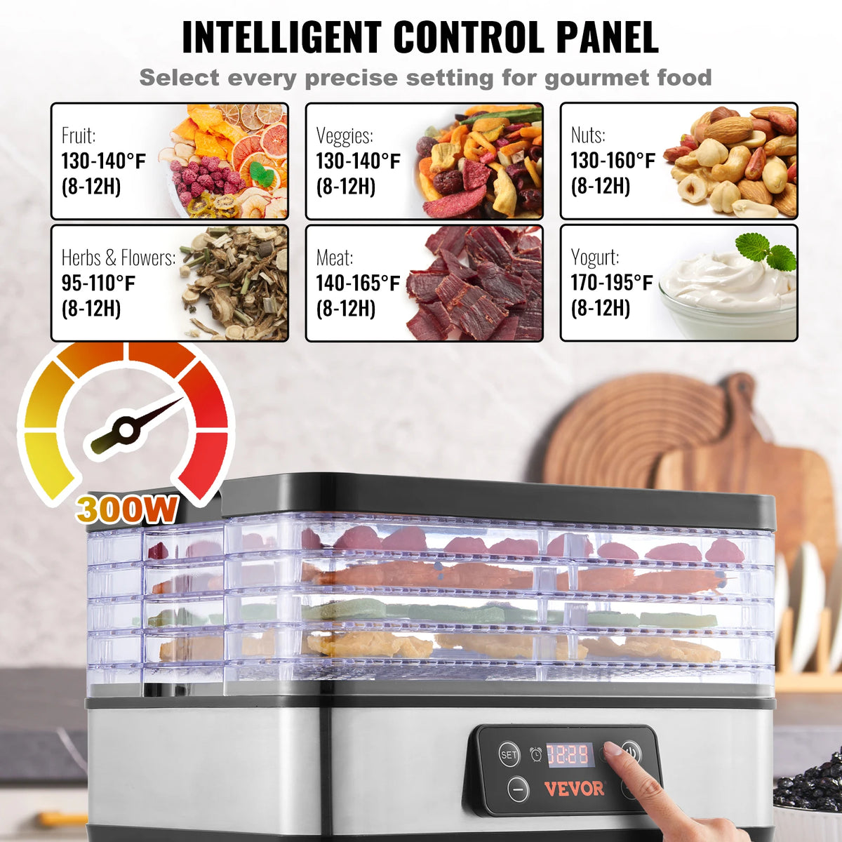 SucceBuy 5 Tray Food Dehydrator Machine 300W Stainless Steel Electric Food Dryer w/ Digital Adjustable Timer & Temperature Amocart