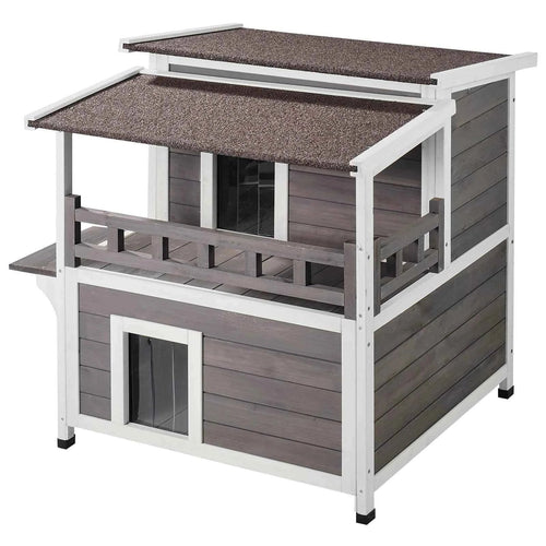 Amocart Outdoor Cat House Weatherproof Feral Cat Shelter 2-story Large Outdoor Wooden Cat House with Balcony Door and Open Roof