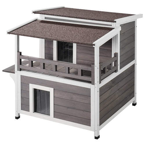 SucceBuy Outdoor Cat House Weatherproof Feral Cat Shelter 2-story Large Outdoor Wooden Cat House with Balcony Door and Open Roof
