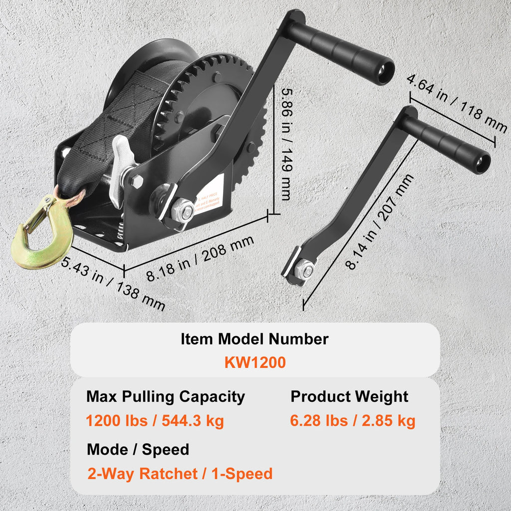 SucceBuy Hand Winch BoatTrailer Winch Heavy Duty Rope Crank Polyester Strap and Two-Way Ratchet Manual Operated Hand Crank Winch