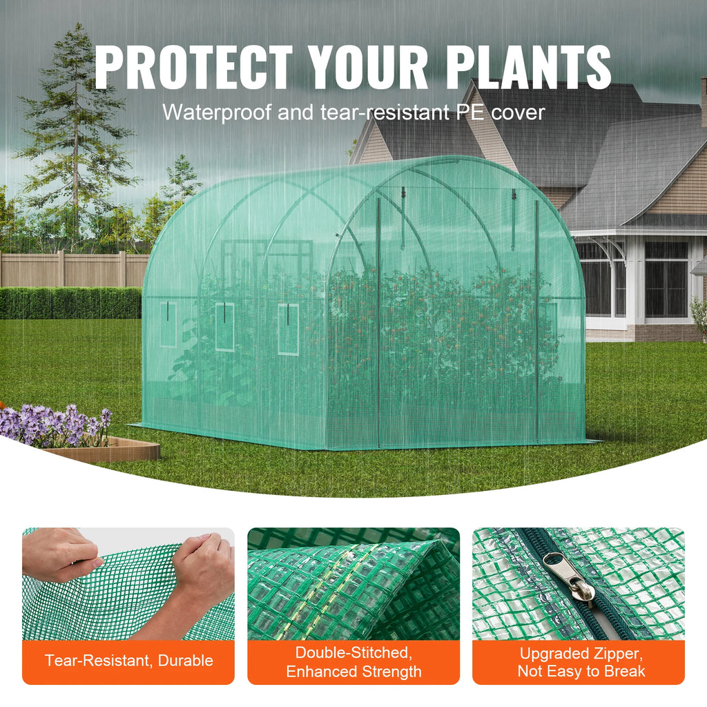 SucceBuy Walk-in Tunnel Greenhouse Hoop House Greenhouse Tunnel Plant Hot House with Steel Frame PE Cover Roll-up Zipper Door