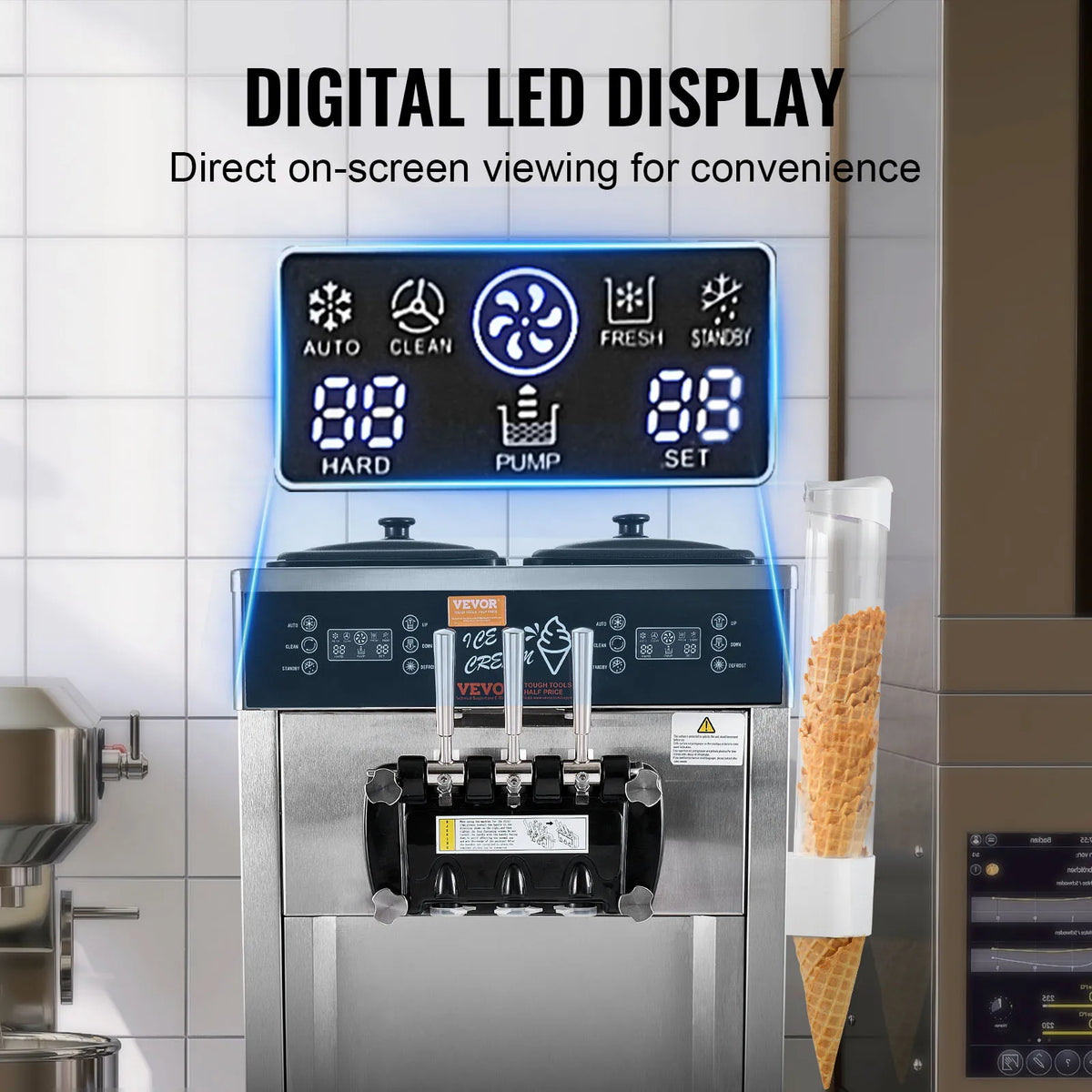 VEVOR Commercial Soft Ice Cream Machine 3 Flavors PreCooling LED Panel Allows Single Cylinder Use Overnight Refrigeration Amocart