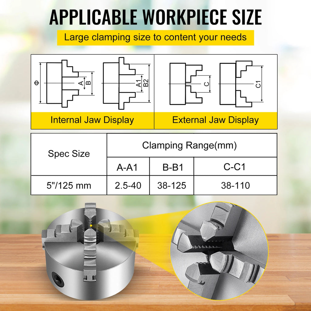 SucceBuy K72-125 Lathe Chuck 5 Inch 4-Jaw Independent Reversible Jaw Metal Lathe Chuck Turning Machine Accessories, Lathes Use