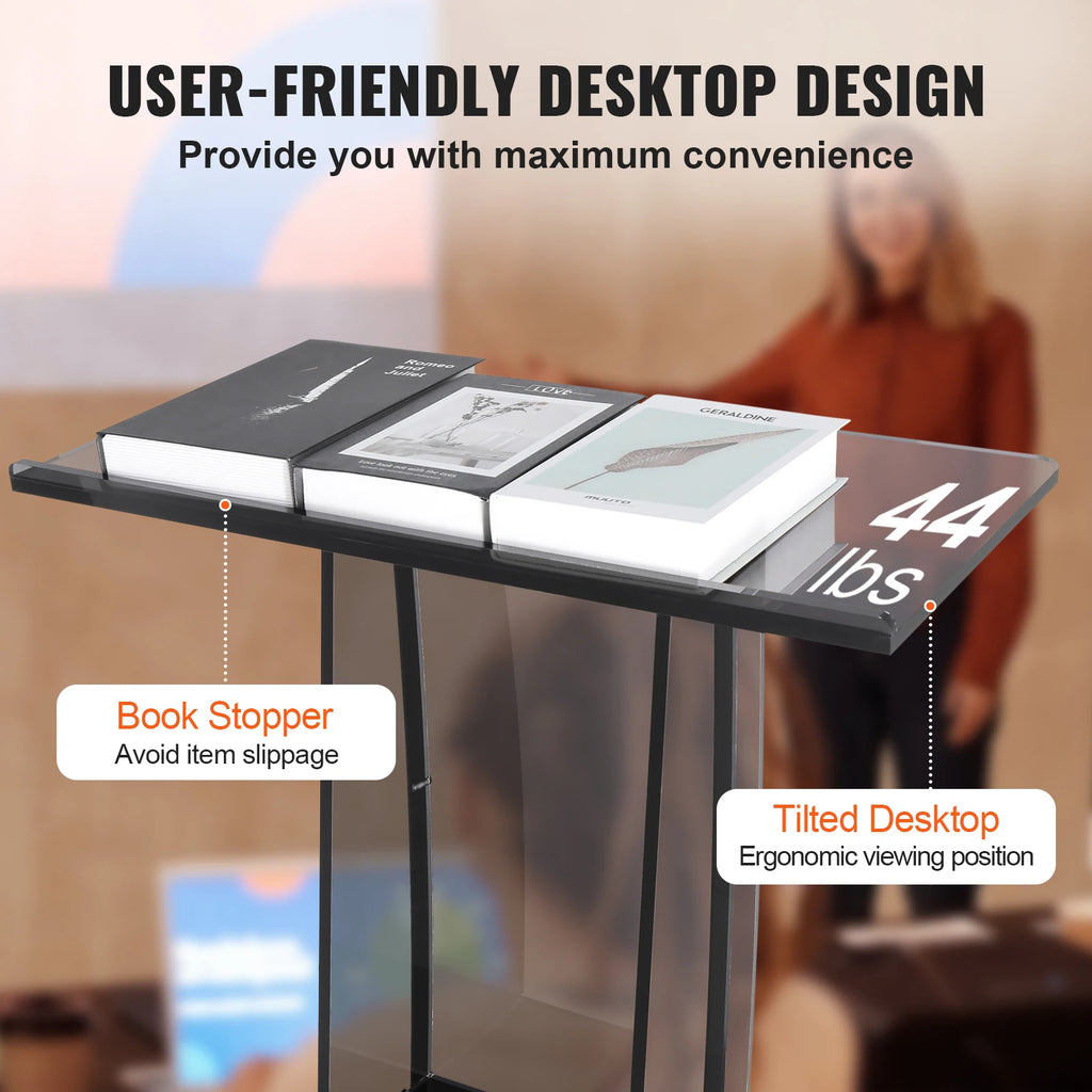 SucceBuy 47" Acrylic Podium Stand Floor-Standing Clear Pulpit Acrylic Desktop Lecterns w/ Storage Shelf for Church Office School