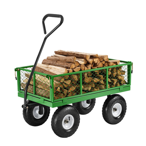 SucceBuy Steel Garden Cart on Wheels Heavy Duty Garden Wagon Cart Pullable Metal Yard Wagon Carts with 180°Rotating Handle