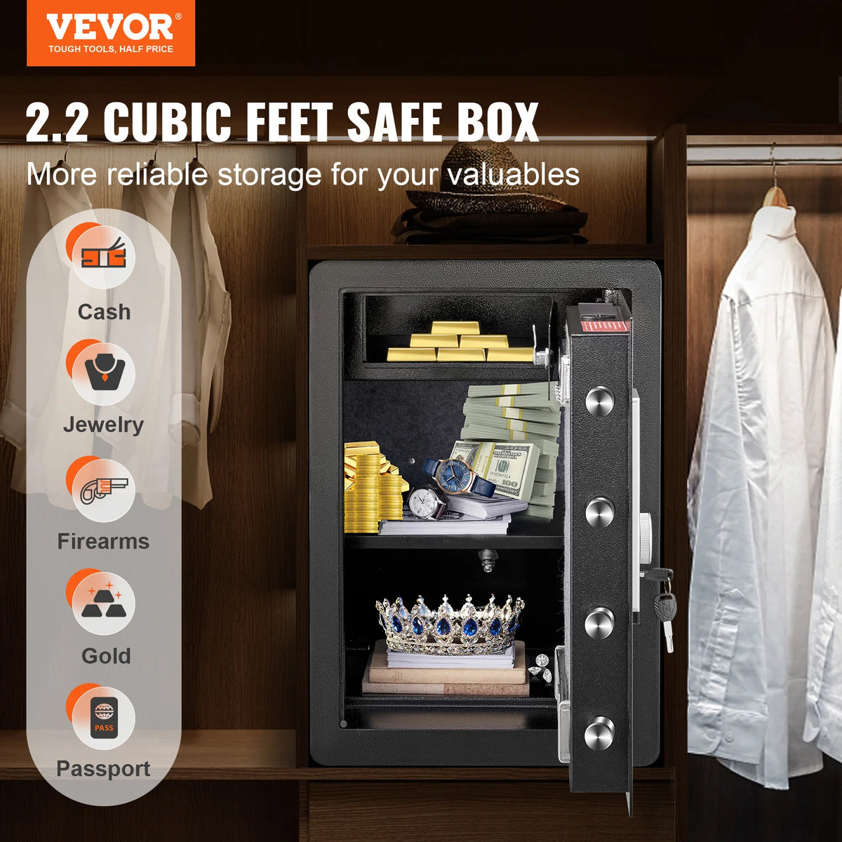 SucceBuy Electric Safe 2.2/1.8 Cubic Feet Fingerprint&Digital Security Cabinet Safe W/ Fire-proof Bag for Cash Jewelry Documents Amocart