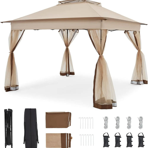 11x11 Pop Up Gazebo with Mosquito Netting – Easy 1-Person Setup, Water-Resistant Backyard Canopy for Family Patio & Garden Use,K