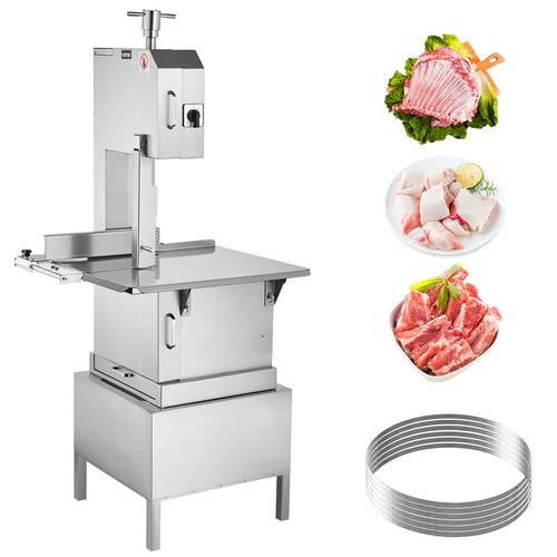 Amocart Commercial Electric Meat Bandsaw Stainless Steel Vertical Bone Sawing Frozen Meat Cutter with 6 Blades for Pork Beef